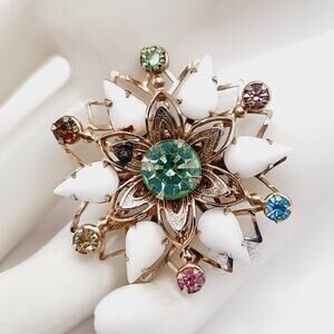 Vintage 1950s Uranium Rhinestone Brooch White Milk Glass Starburst Pin 1 1/2 In